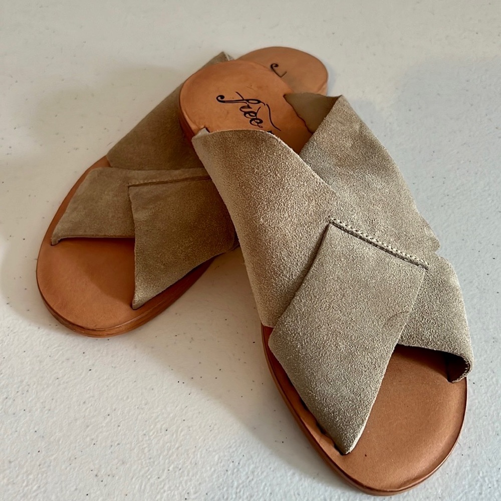 Free People tan suede slides—worn once